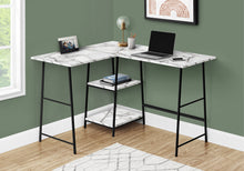 Load image into Gallery viewer, Industrial-Style 47" White Marble L-Shaped Writing Desk with Open Shelves