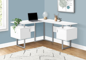 White 57" Mid-Century Modern L-Shaped Computer Desk