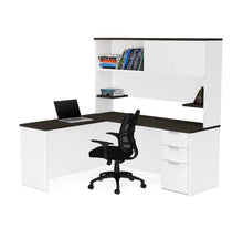 Load image into Gallery viewer, White &amp; Deep Gray Single Pedestal L-shaped Desk &amp; Hutch
