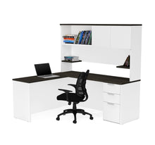 Load image into Gallery viewer, White & Deep Gray Single Pedestal L-shaped Desk & Hutch