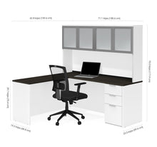 Load image into Gallery viewer, Modern L-Shaped Desk & Hutch with Frosted Glass Doors in White / Deep Gray