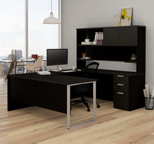Load image into Gallery viewer, U-shaped Office Desk with Hutch in Deep Gray & Black