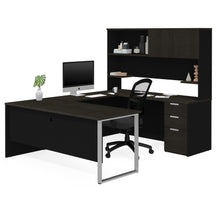 Load image into Gallery viewer, U-shaped Office Desk with Hutch in Deep Gray & Black
