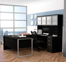 Load image into Gallery viewer, Deep Gray & Black Contemporary U-shaped Desk with Hutch