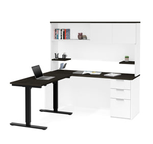 L-shaped Desk & Hutch with Height Adjustable Side, in White & Deep Gray