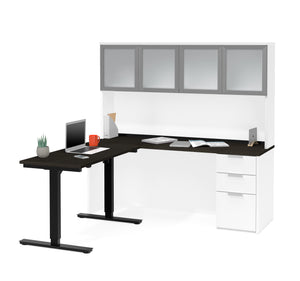 Modern L-shaped Deep Gray & White Height Adjustable Desk with Glass Door Hutch