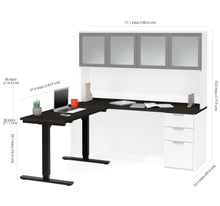 Load image into Gallery viewer, Modern L-shaped Deep Gray &amp; White Height Adjustable Desk with Glass Door Hutch
