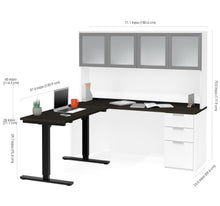 Load image into Gallery viewer, Modern L-shaped Deep Gray & White Height Adjustable Desk with Glass Door Hutch