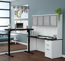 Load image into Gallery viewer, Modern L-shaped Deep Gray & White Height Adjustable Desk with Glass Door Hutch