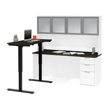 Load image into Gallery viewer, Modern L-shaped Deep Gray & White Height Adjustable Desk with Glass Door Hutch