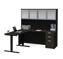 Load image into Gallery viewer, Modern L-shaped Desk & Hutch with Glass Doors, with Height Adjustable Side