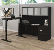 Load image into Gallery viewer, Modern L-shaped Desk & Hutch with Glass Doors, with Height Adjustable Side