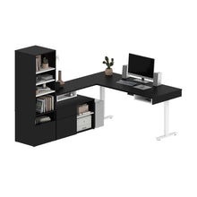 Load image into Gallery viewer, Pair of 88" L-Shaped Black and White Desks with Built-in Storage