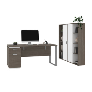 Bark Gray & White 66" Desk with Twin Cabinets