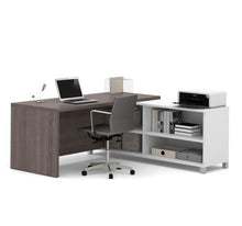 Load image into Gallery viewer, Modern Bark Grey and White L-Shaped Office Desk with Built-In Shelves