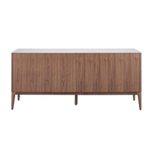 Load image into Gallery viewer, 73&quot; Modern Walnut Credenza with Marbelized White Ceramic Glass
