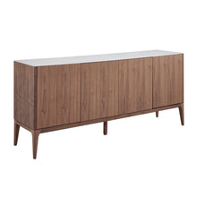 Load image into Gallery viewer, 73" Modern Walnut Credenza with Marbelized White Ceramic Glass