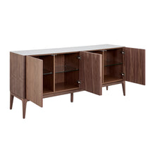 Load image into Gallery viewer, 73" Modern Walnut Credenza with Marbelized White Ceramic Glass