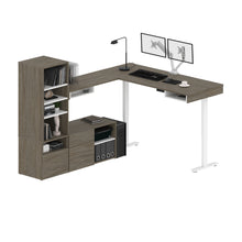 Load image into Gallery viewer, Pair of 88&quot; Walnut Gray L-Desks with Twin Monitor Support
