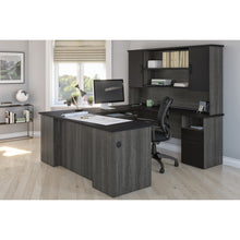 Load image into Gallery viewer, Modern U-shaped Desk with Hutch in Bark Gray & Black
