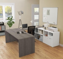 Load image into Gallery viewer, U-Shaped Bark Grey Office Desk and White Credenza