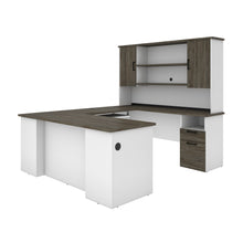 Load image into Gallery viewer, Modern U-shaped Desk with Hutch in White & Walnut Gray
