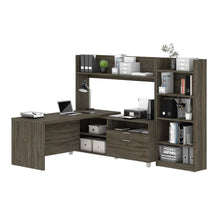 Load image into Gallery viewer, Walnut Gray 101" L-Shaped Open Top Desk with Bookcase/Hutch
