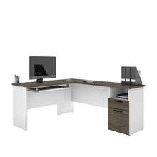 Load image into Gallery viewer, 71" x 59" L-shaped Desk in White & Walnut Gray