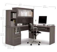 Load image into Gallery viewer, L-shaped Office Desk and Hutch with Frosted Glass Doors in Bark Gray
