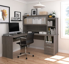 Load image into Gallery viewer, L-shaped Office Desk and Hutch with Frosted Glass Doors in Bark Gray
