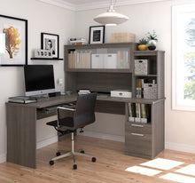 Load image into Gallery viewer, L-shaped Office Desk and Hutch with Frosted Glass Doors in Bark Gray