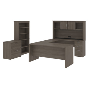 66" Bark Gray Desk Set with U-Shaped Desk, File, and Bookcase