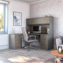 Load image into Gallery viewer, Premium L-shaped Desk with Hutch in Bark Gray and Slate
