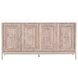 71" Natural Gray and Stainless Storage Credenza with Carrera Marble Top