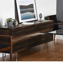 Load image into Gallery viewer, 63&quot; Artistic Storage Credenza of Seared Oak w/ Horizontal Steel Inlay
