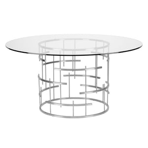 59" Round Glass & Polished Steel Meeting Table w/ Cross Hatch Design