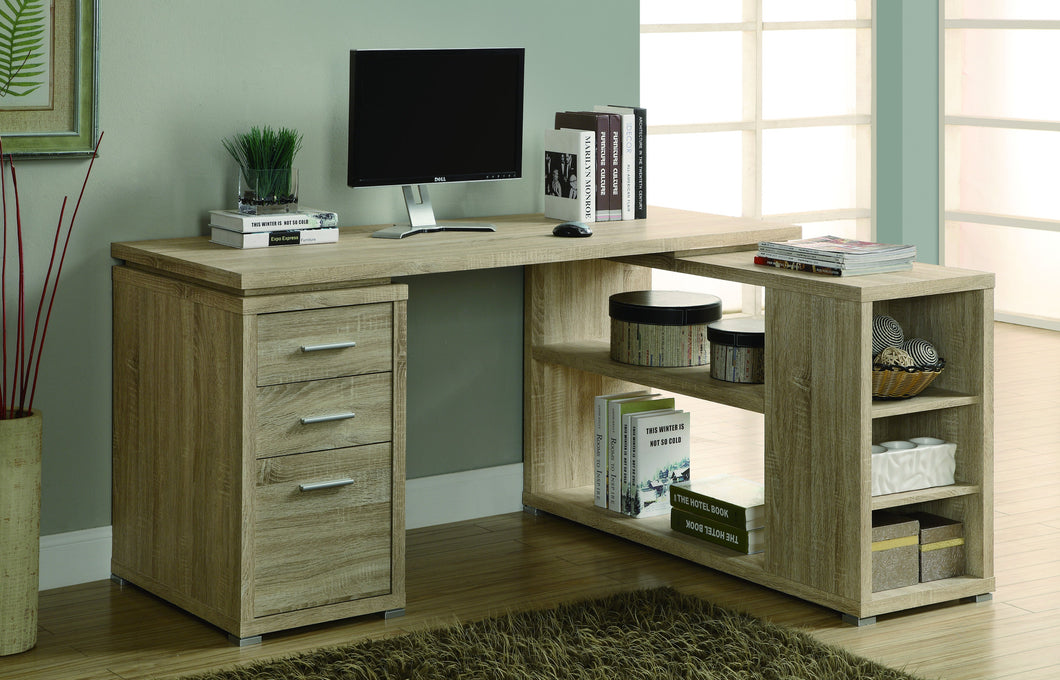 Modern L-Shaped Desk with File Drawer & Open Shelving in Natural Reclaimed Finish