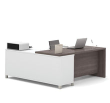 Load image into Gallery viewer, Modern Bark Grey and White L-Shaped Office Desk with Built-In Shelves
