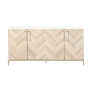 71" White & Brass Storage Credenza with Herringbone-Patterned Doors