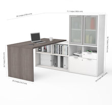 Load image into Gallery viewer, 71" Bark Gray and White L-shaped Desk with Privacy Glass Hutch