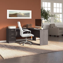 Load image into Gallery viewer, 65&quot; Charcoal Maple L-Desk with Built-in File Cabinet
