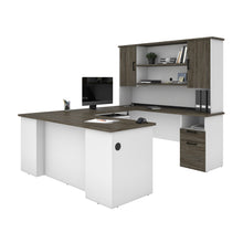 Load image into Gallery viewer, Modern U-shaped Desk with Hutch in White & Walnut Gray
