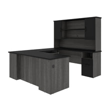 Load image into Gallery viewer, Modern U-shaped Desk with Hutch in Bark Gray & Black
