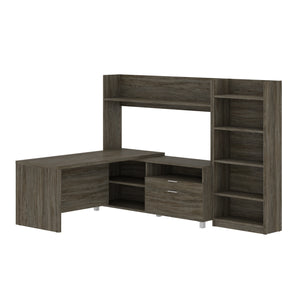 Walnut Gray 101" L-Shaped Open Top Desk with Bookcase/Hutch