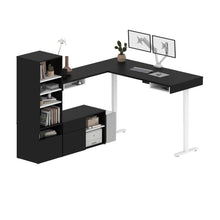 Load image into Gallery viewer, Pair of 88&quot; Black &amp; White L-Desks with Twin Monitor Support
