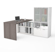 Load image into Gallery viewer, 71&quot; Bark Gray and White L-shaped Desk with Privacy Glass Hutch
