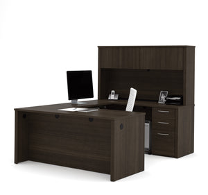 Modern U-shaped Premium Office Desk with Hutch in Dark Chocolate