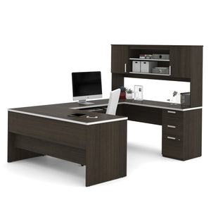 Dark Chocolate Modern U-shaped Office Desk with Brushed Nickel Accents