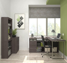 Load image into Gallery viewer, Three Part Set: L-Shaped Desk, Lateral File, & Bookcase in Bark Gray