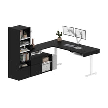 Load image into Gallery viewer, Pair of 88&quot; Black &amp; White L-Desks with Twin Monitor Support
